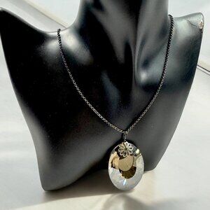Statement Necklace Charcoal Grey Chain and Oval Large Black Glass Mirror Pendant